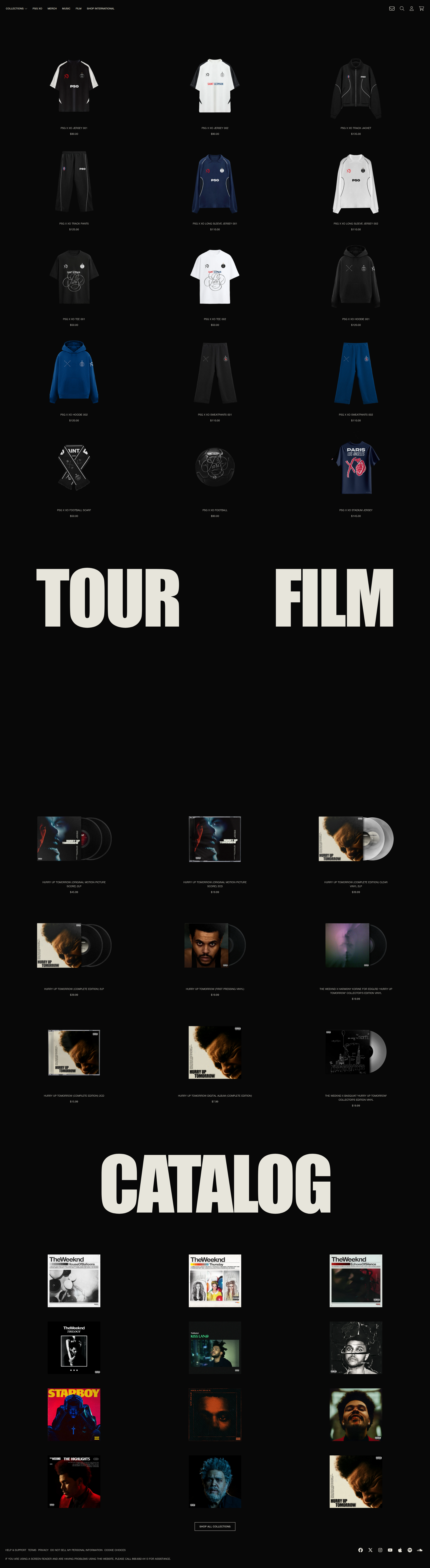 The Weeknd - A dark-themed artist merchandise and catalog page displaying multiple product categories including apparel, vinyl records, and albums organized in grid layouts with section headers for TOUR, FILM, and CATALOG.