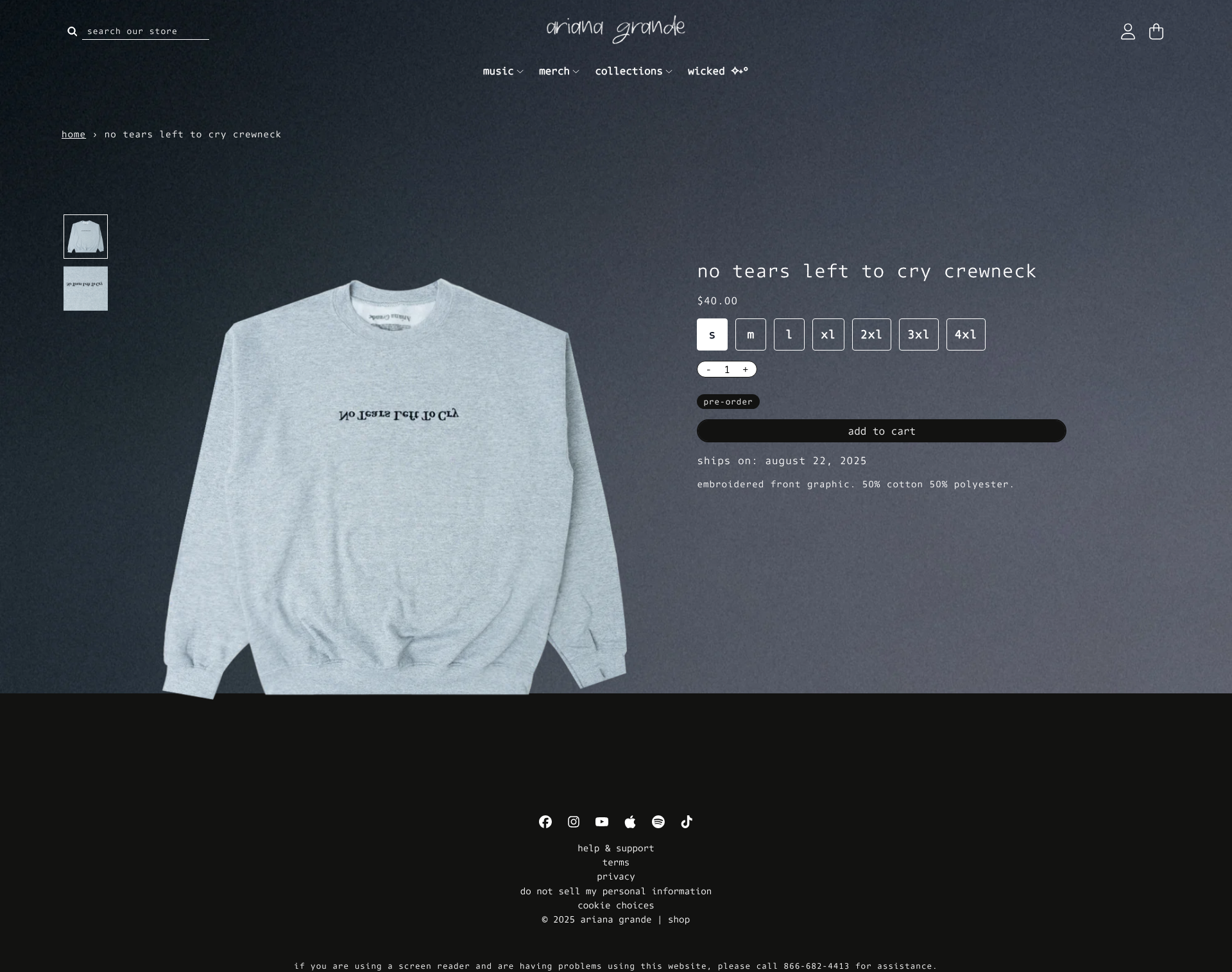 Ariana Grande - This is a product details page for an Ariana Grande merchandise crewneck sweatshirt, featuring a large product image on the left and product information including sizing options, pricing, and purchase controls on the right side.