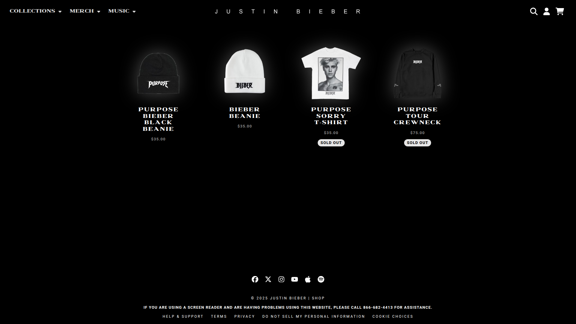 Justin Bieber - A dark-themed product listing page displaying four Justin Bieber merchandise items in a grid layout, including beanies, a t-shirt, and a crewneck, with prices and sold out indicators for some items.