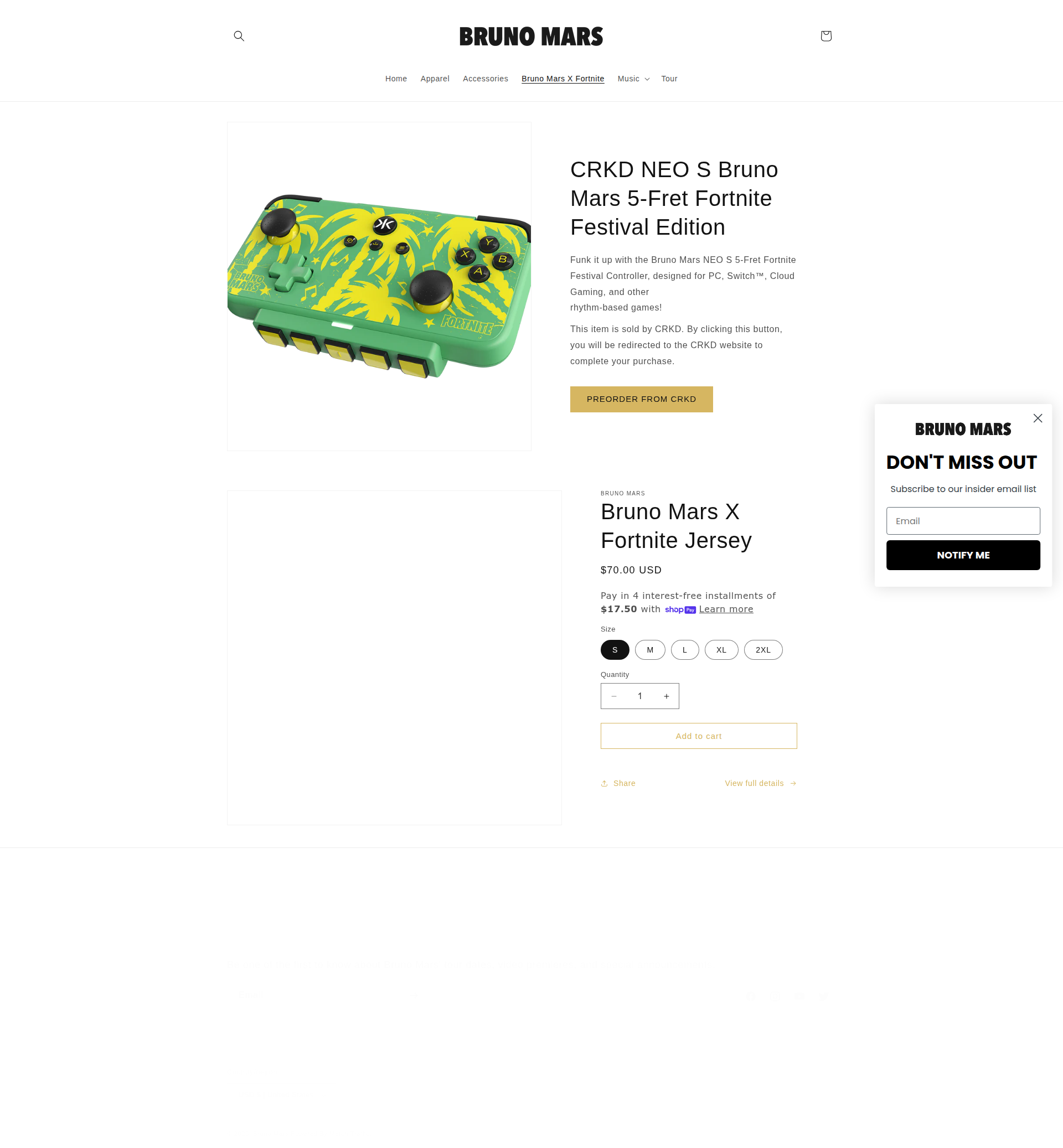 Bruno Mars - This is a Bruno Mars merchandise product details page showing two items - a CRKD NEO S Bruno Mars 5-Fret Fortnite Festival Edition gaming controller and a Bruno Mars X Fortnite Jersey, with product images, descriptions, pricing, and purchase options.