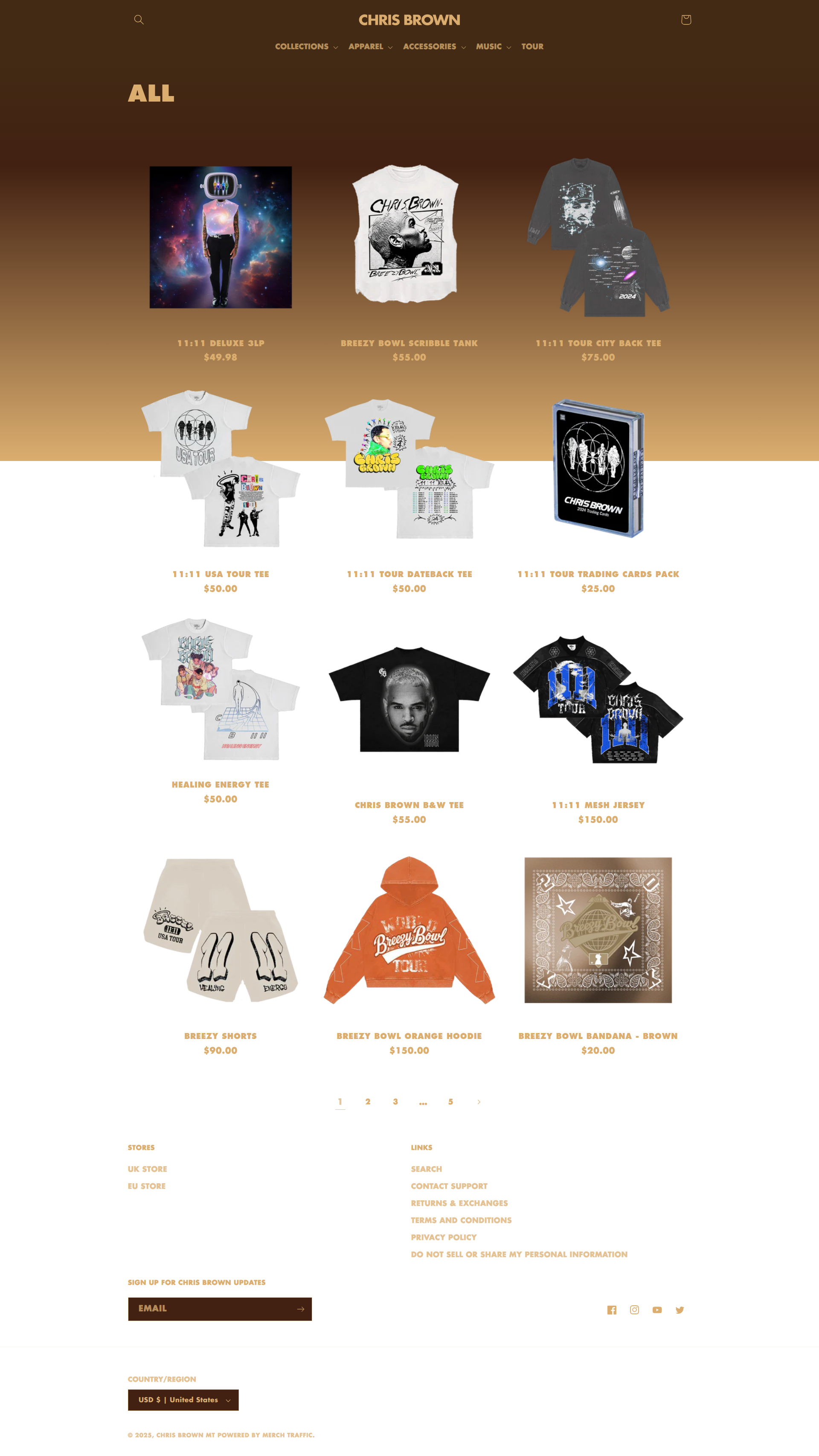Chris Brown - This is Chris Brown's official merchandise store showing a product grid layout with various items including clothing, accessories, and collectibles, featuring a brown gradient background and organized product tiles with images and pricing.