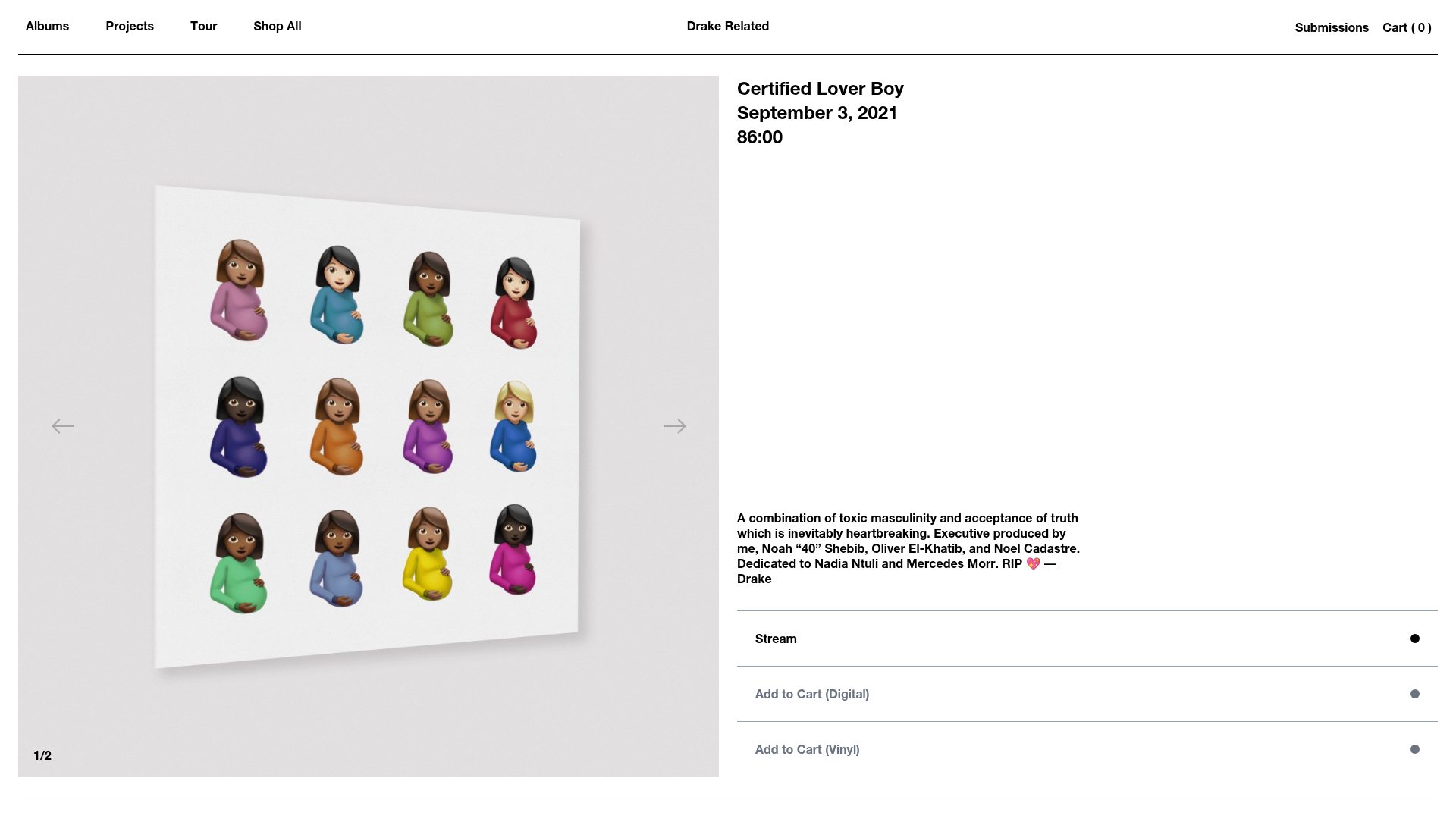 Drake - A product details page for Drake's album 'Certified Lover Boy' featuring pregnant woman emojis as the album artwork, with product information, streaming options, and purchase buttons for digital and vinyl formats.