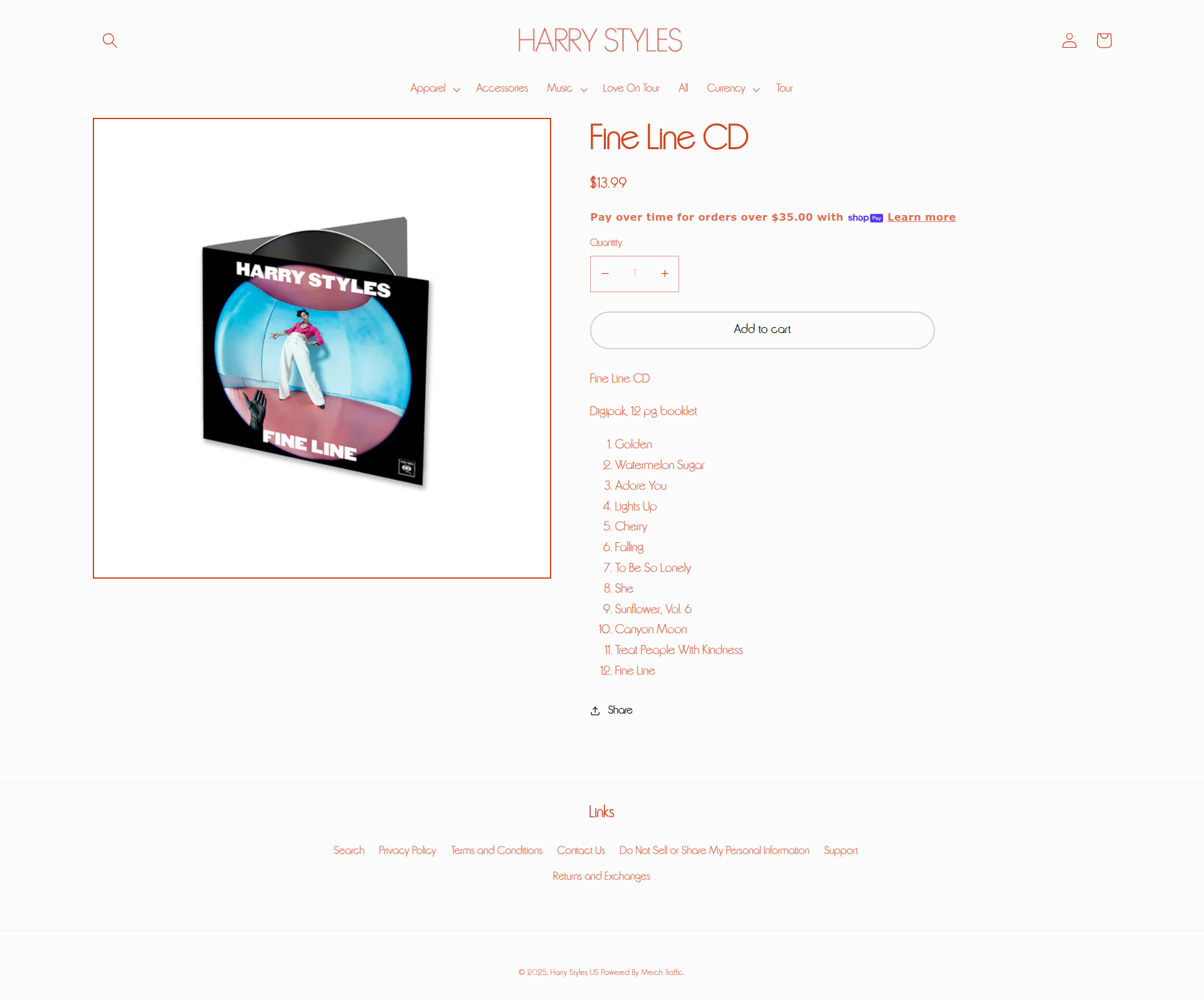 Harry Styles - This is a product details page for Harry Styles' 'Fine Line CD' showing a large product image on the left and product information, pricing, and track listing on the right side of the page.