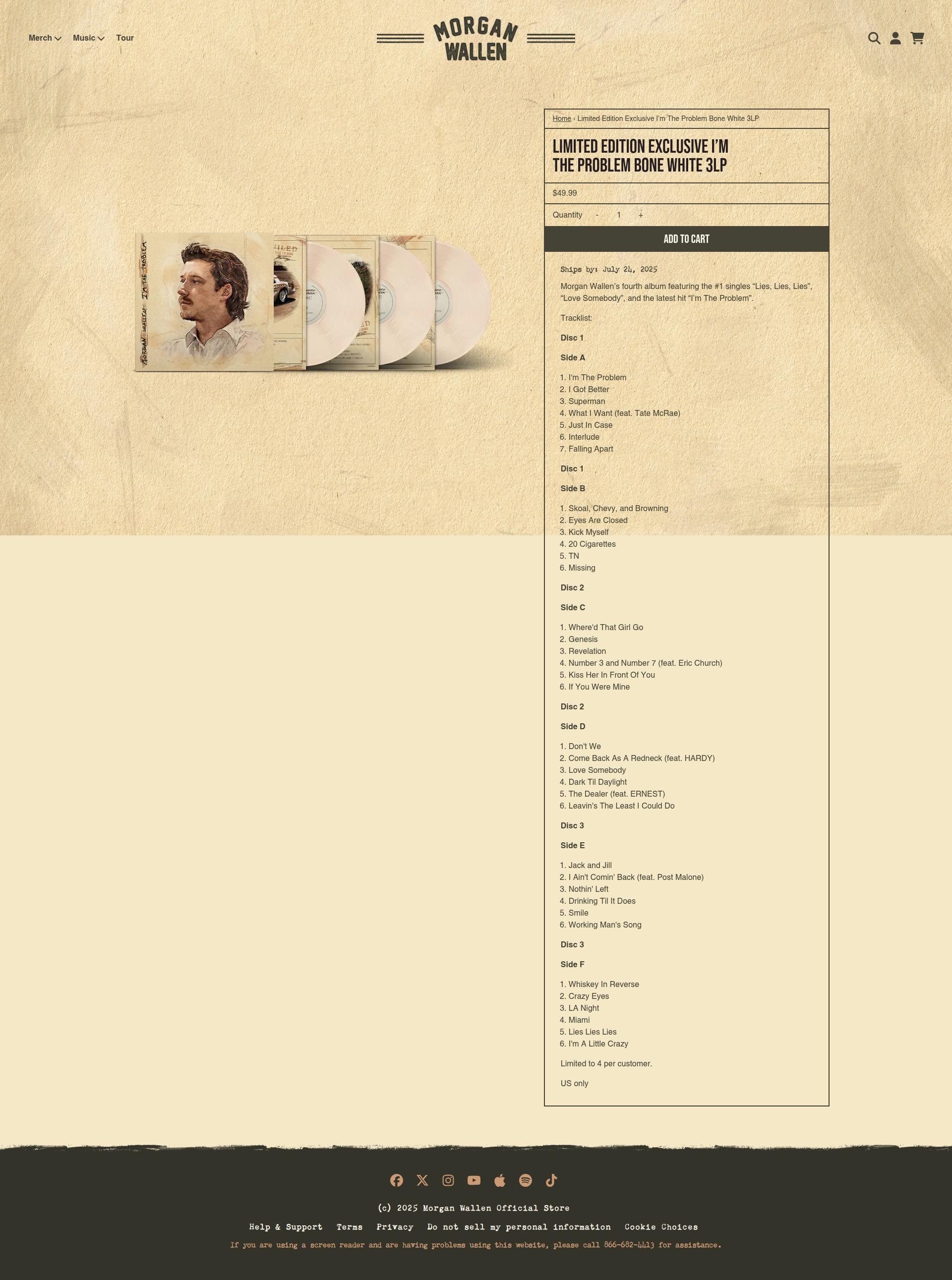 Morgan Wallen - A product details page for Morgan Wallen's limited edition white vinyl album featuring product images on the left and detailed product information, tracklist, and purchase options on the right side.