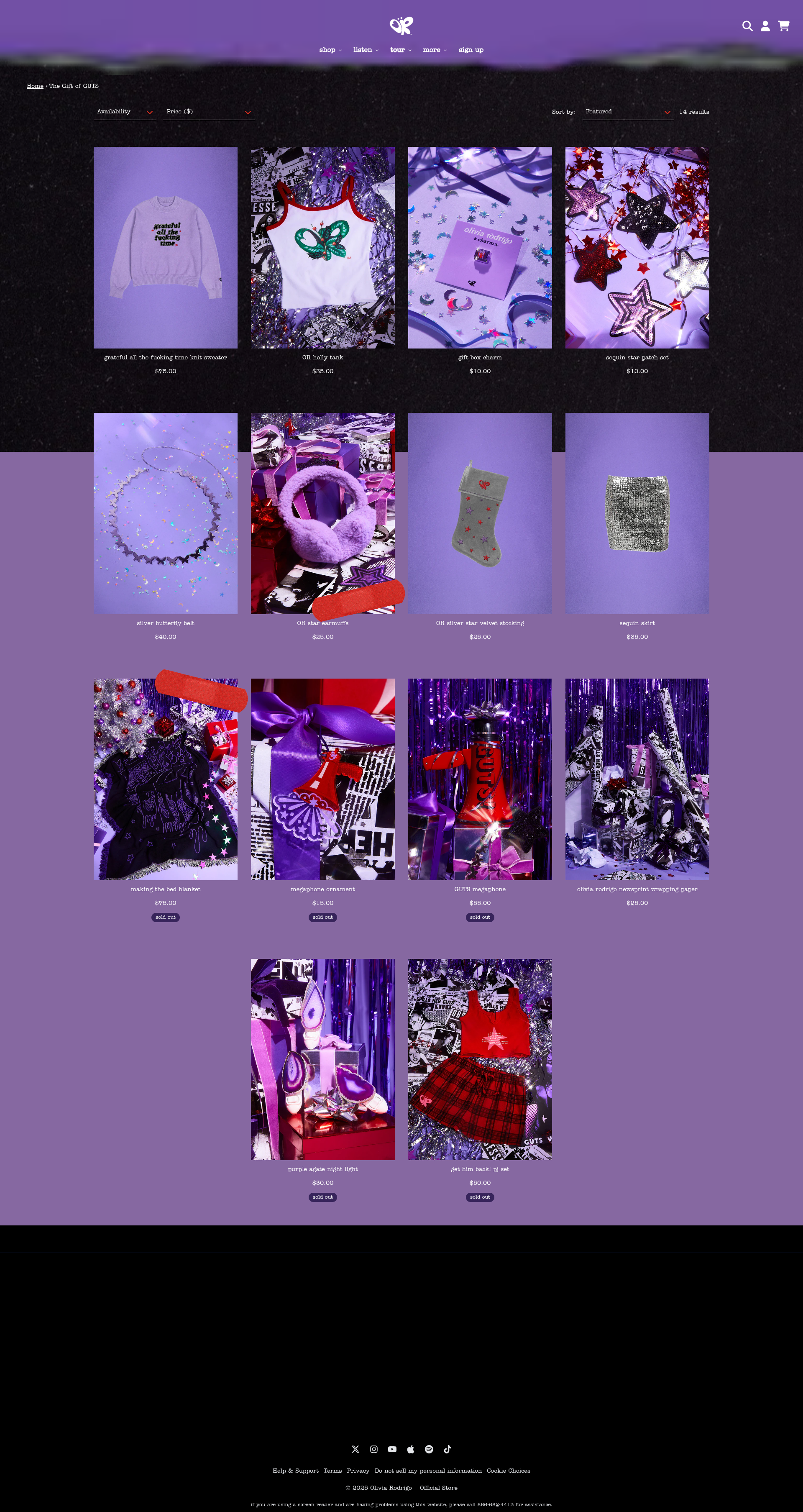 Olivia Rodrigo - An alternative fashion e-commerce product listing page displaying a grid of gothic/alternative style products including clothing, accessories, and decorative items with prices ranging from $10-$95. The page features a dark purple gradient background with product filtering options and organized in a 4-column grid layout.