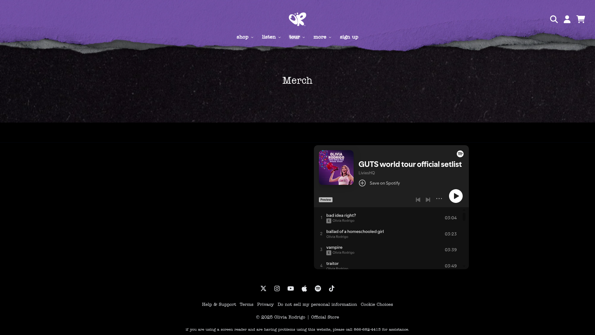 Olivia Rodrigo - This is a merchandise page for artist Olivia Rodrigo featuring a dark theme layout with a purple header, navigation menu, and an embedded Spotify playlist widget showing her 'GUTS world tour official setlist' with track listings and durations.
