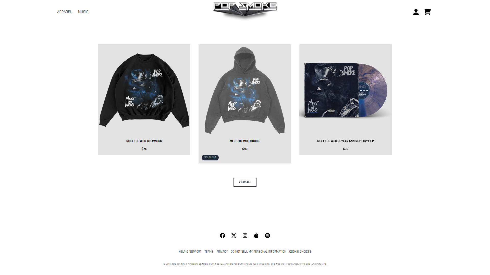 Pop Smoke - A product listing page showing three Pop Smoke merchandise items in a grid layout - a crewneck sweatshirt, hoodie, and vinyl record - with prices and a 'sold out' indicator on one item.