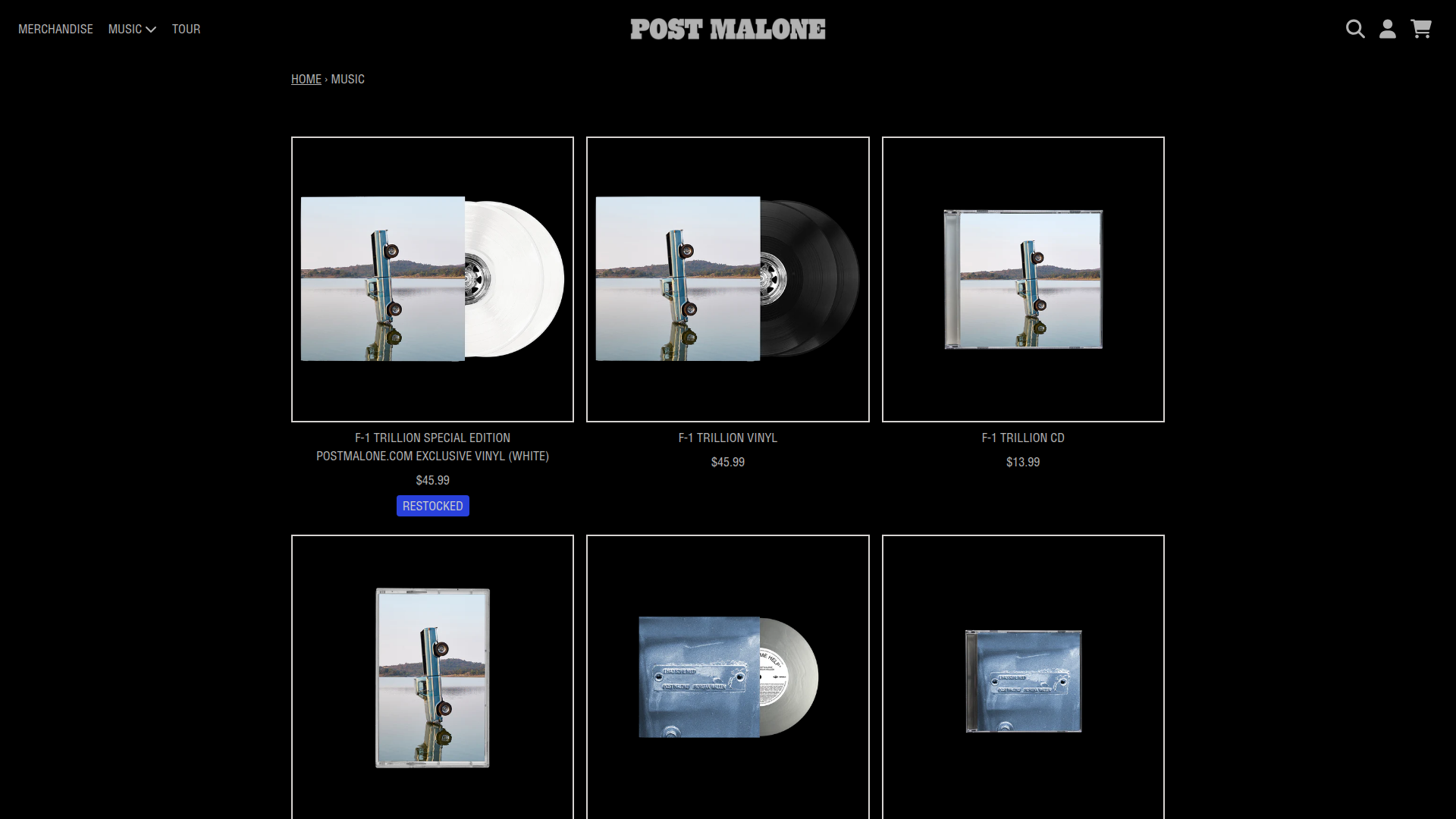 Post Malone - A music merchandise page displaying Post Malone's F-1 Trillion album in various formats (vinyl, CD) arranged in a product grid layout with pricing and availability information.