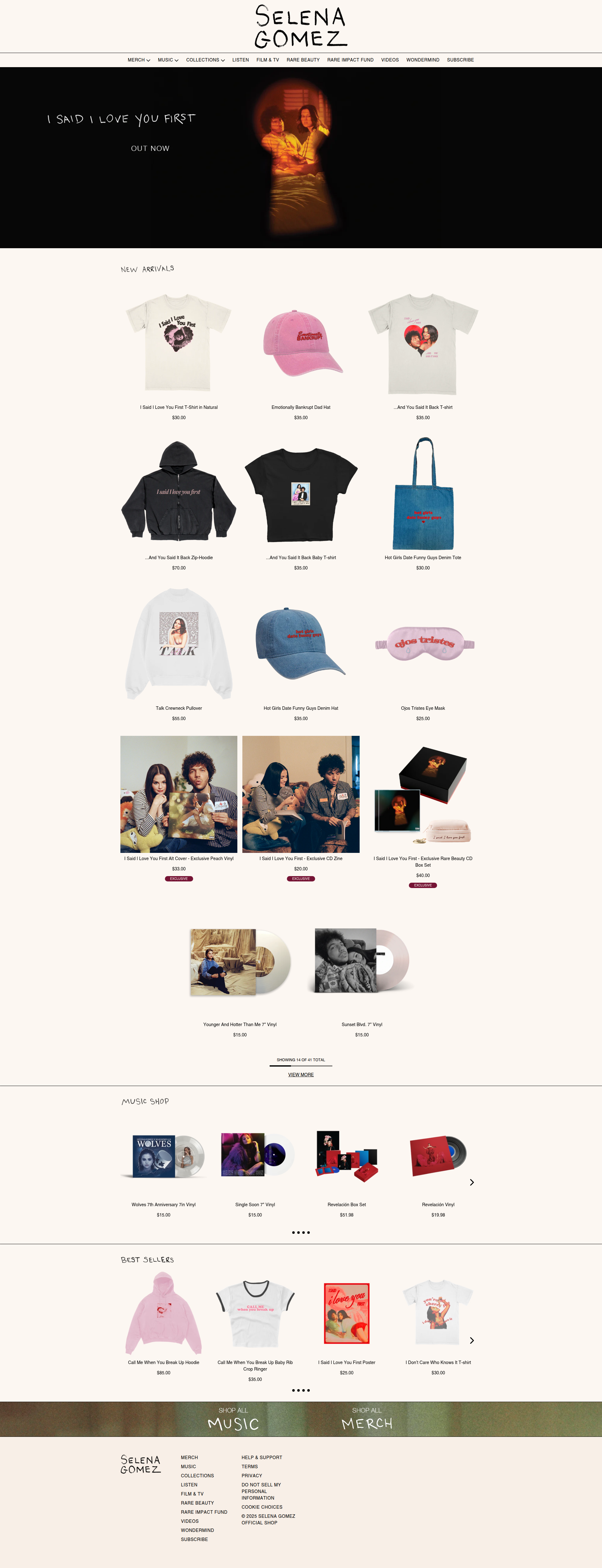 Selena Gomez - This is Selena Gomez's official merchandise homepage featuring a hero section promoting her song 'I Said I Love You First', followed by product sections showcasing new arrivals, music shop items, and best sellers in a grid layout.