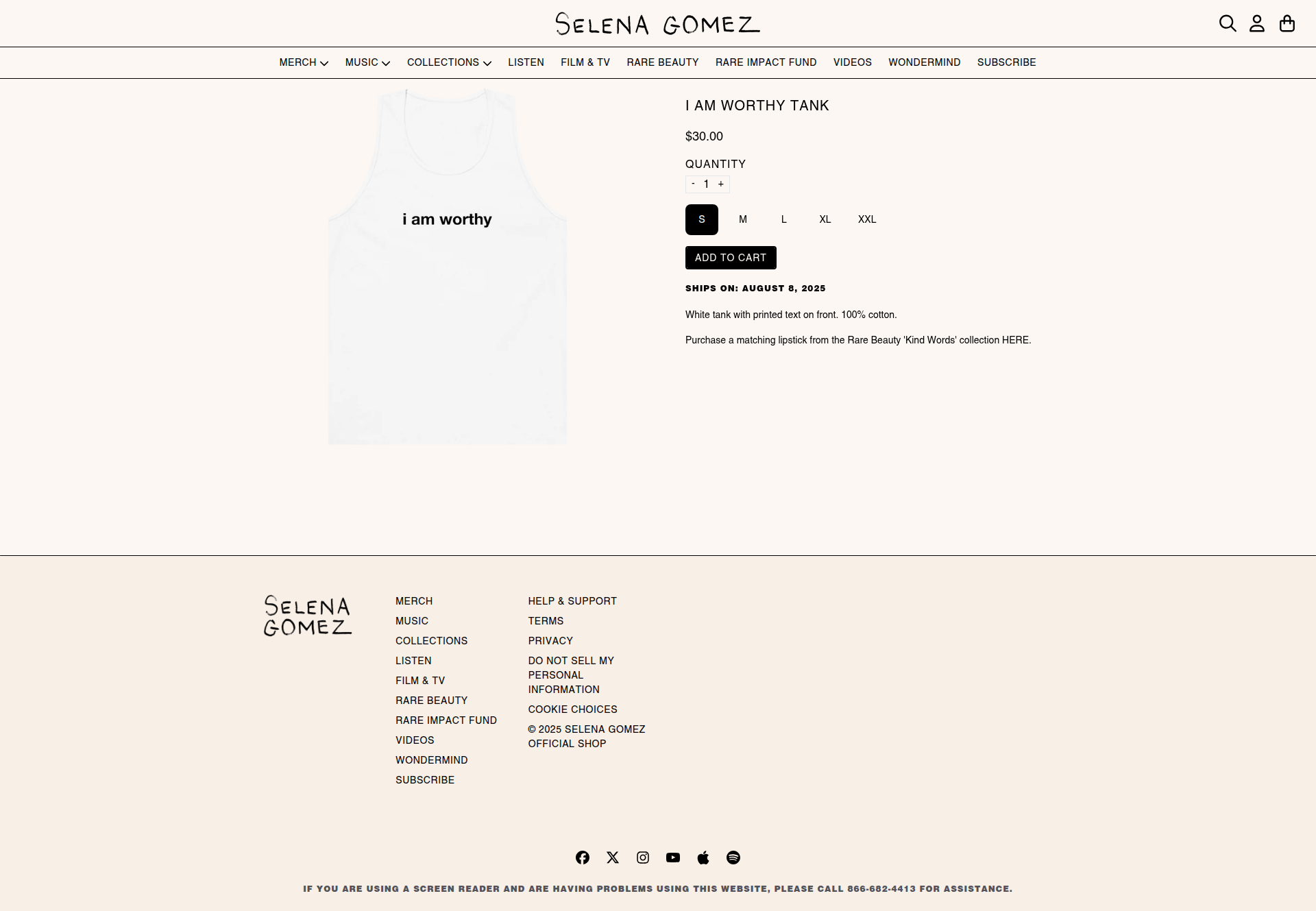 Selena Gomez - This is a product details page for an 'I AM WORTHY TANK' priced at $30.00, featuring a single product image on the left and product information with purchase options on the right, along with a complete footer section containing navigation links and social media icons.