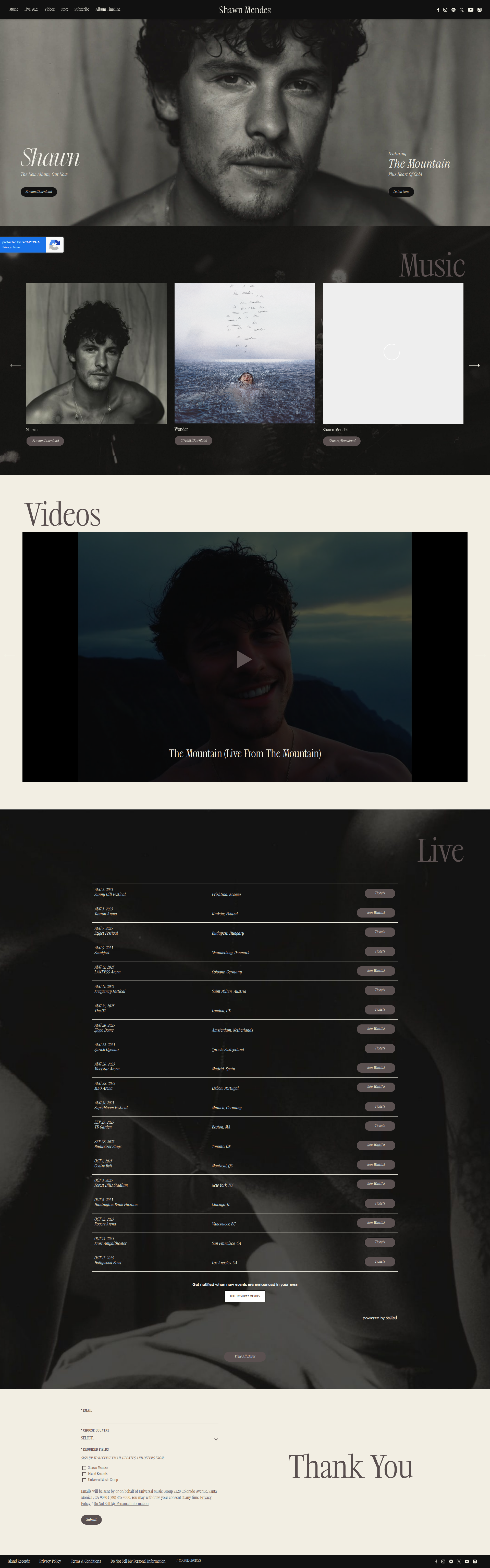 Shawn Mendes - This is a comprehensive artist homepage for Shawn Mendes featuring a full-page layout with sections for hero content, music albums, videos, live tour dates, and contact information, designed with a dark theme and professional photography.