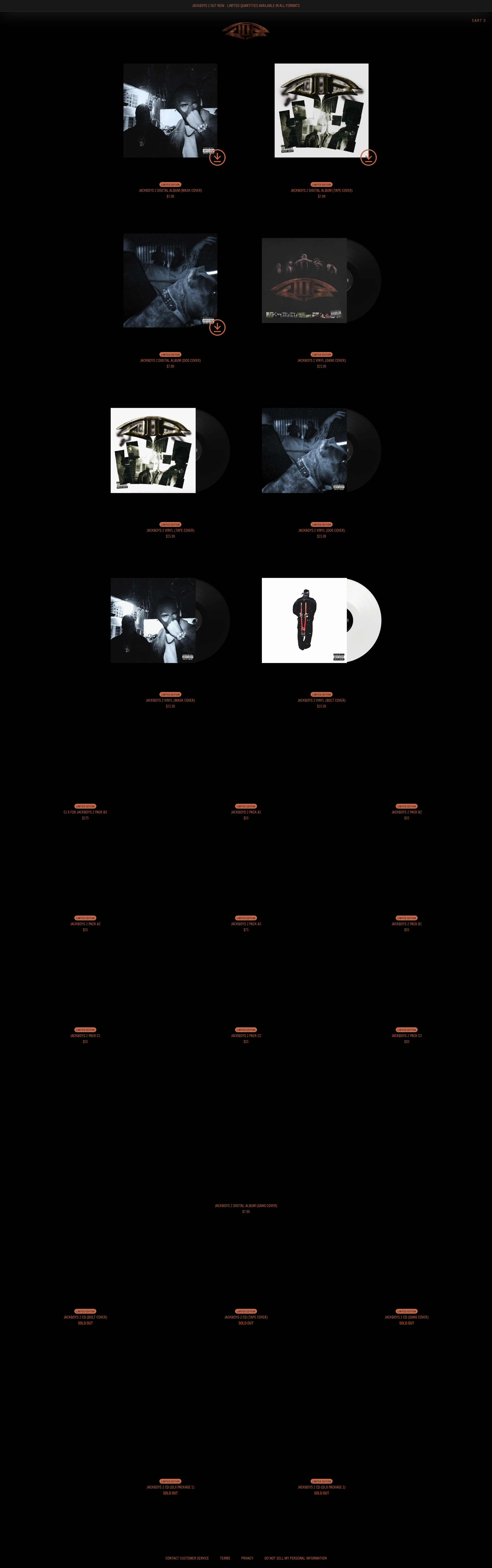 Travis Scott - A dark-themed e-commerce product listing page displaying multiple music albums or vinyl records in a grid layout, with product images, titles, and pricing information visible for each item.